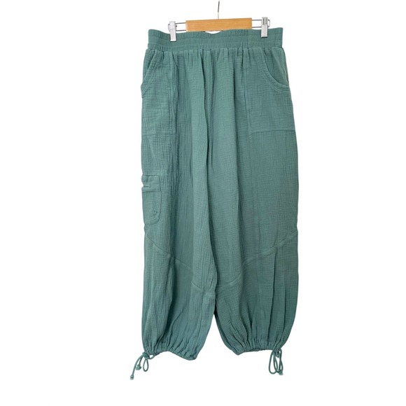 entro Pants - Entro Pants Sage Green L Cotton Gauze Balloon Cargo Boho Lagenlook Elastic Waist